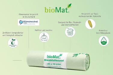 Компостовані пакети для біовідходів bioMat об&39ємом 10 л з ручкою для перенесення, 104 пакети, преміальна якість, сертифіковані DIN, кліматично нейтральні, зроблені в Німеччині