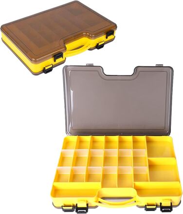 Двосторонній ящик для рибальських снастей, пластиковий ящик для рибальських снастей, ящик для зберігання рибальських аксесуарів з відділеннями, водонепроникний портативний ящик для рибальських аксесуарів для любителів риболовлі (29Д x 19Ш x 5,8В см, жовти