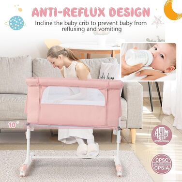 Дитяче ліжечко LIFEZEAL, мобільне дитяче ліжечко 3 в 1 з функцією гальма, регульоване по висоті дорожнє ліжечко для дітей від народження до 9 кг, дитяче ліжечко зі складною бічною панеллю та регулюванням нахилу спинки (рожеве)