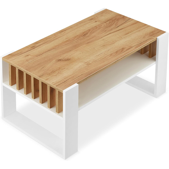 Журнальний столик для дивана Невеликий журнальний столик з білого дуба з місцем для зберігання Сучасний журнальний столик з рейками Журнальний столик Невеликий столик Журнальний столик 92 см Міцний журнальний столик, білий дуб