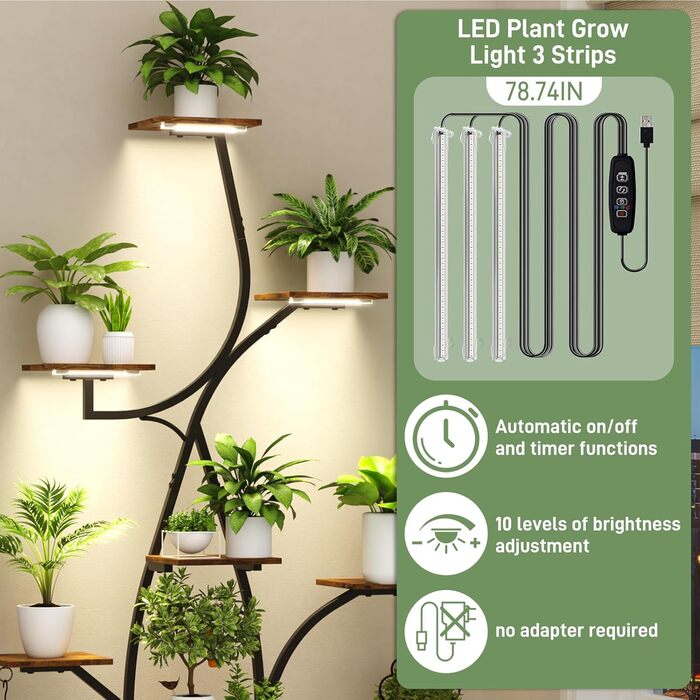 Підставка для рослин з лампою для вирощування, 8-ярусна квіткова полиця 160 см з металу та дерева, велика чорна квіткова полиця для використання в приміщенні та на вулиці, для вітальні, саду, балкону, декоративна, ширина 38 дюймів