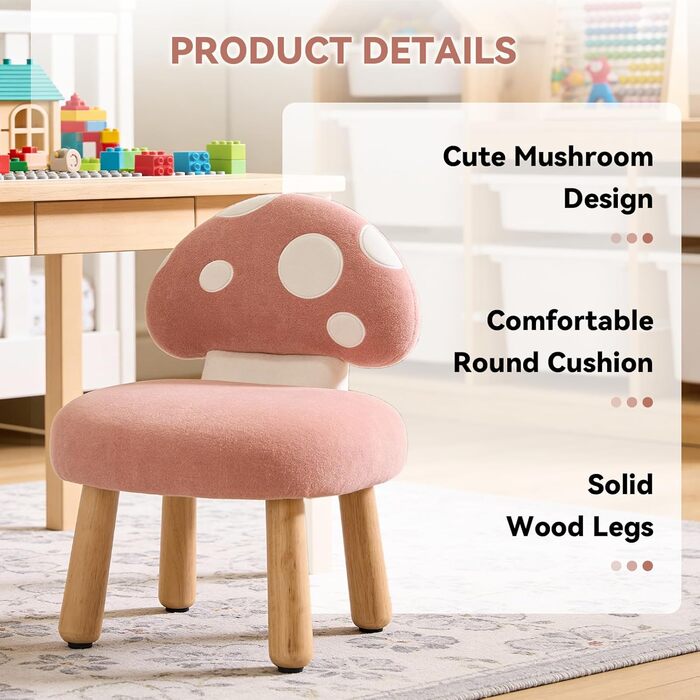 Дитяче крісло для дитячої кімнати, дитяче крісло з шенілу зі спинкою у формі гриба, дитячий диван на дерев&39яних ніжках, дитячий диван для ігрової кімнати, рожевий 1 рожевий