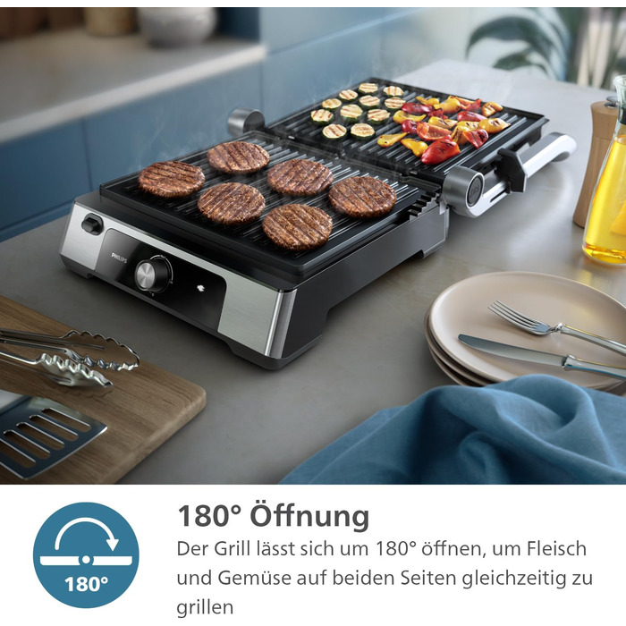 Контактний гриль Philips антипригарне покриття, регулювання температури 60C200C, розкладний корпус 180
