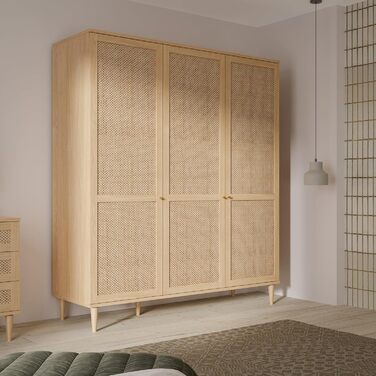 Шафа 165, Шафа в стилі бохо з 3 дверима, вішалка для одягу, полиці, інженерна деревина, декор дуба Elegancia/технораттан, 165 см завширшки x 208 см заввишки x 52 см завглибшки, 3-дверна шафа