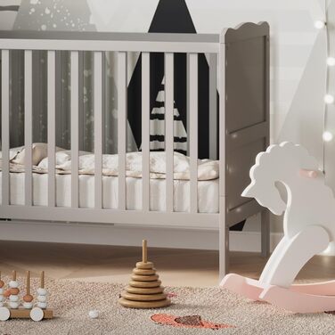 Дитяче ліжечко 60x120 см Tobi - сіре 124x87x65 см з дерева - дитяче ліжко із захистом від падіння, призначене для новонароджених та немовлят, з регульованою по висоті рейковою основою