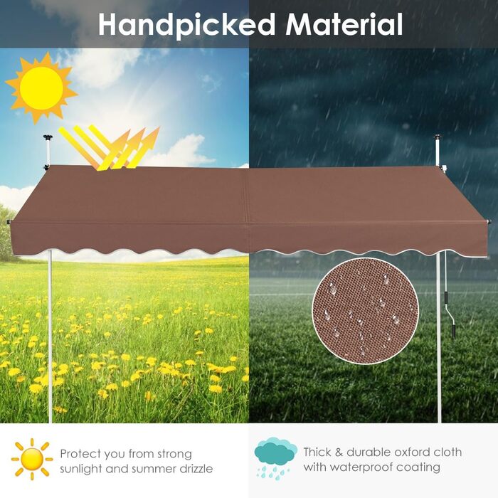 Тент HOMASIS із затискачем 150/200/250/300/350/400 см, регульований по висоті сонцезахисний козирок, балконний тент без свердління, балконний тент з ручним приводом, захист від ультрафіолету, тент із складним кронштейном для зовнішніх територій (коричневи