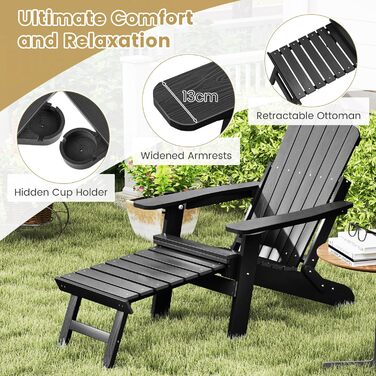 Складане крісло GIANTEX Adirondack з підставкою для ніг, всепогодне крісло для вогнища з регульованою спинкою та тримачем для напоїв, шезлонг на вулиці, вантажопідйомність до 180 кг