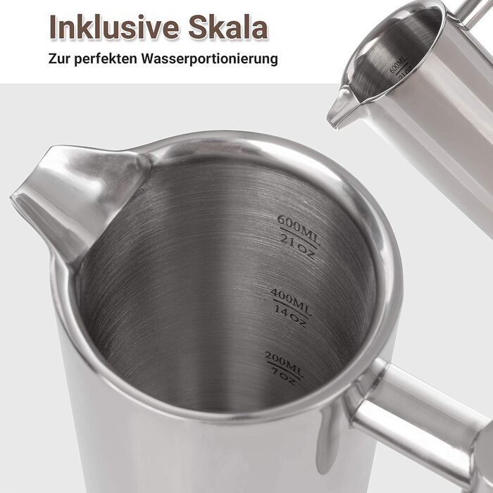 Френч-прес з нержавіючої сталі NOUTEN преміум-класу 0,6 л - Ізоляційний ефект завдяки конструкції з подвійними стінками - Накип для ідеального приготування - Змінний фільтр в комплекті - 2 роки Повернення грошей 600 мл