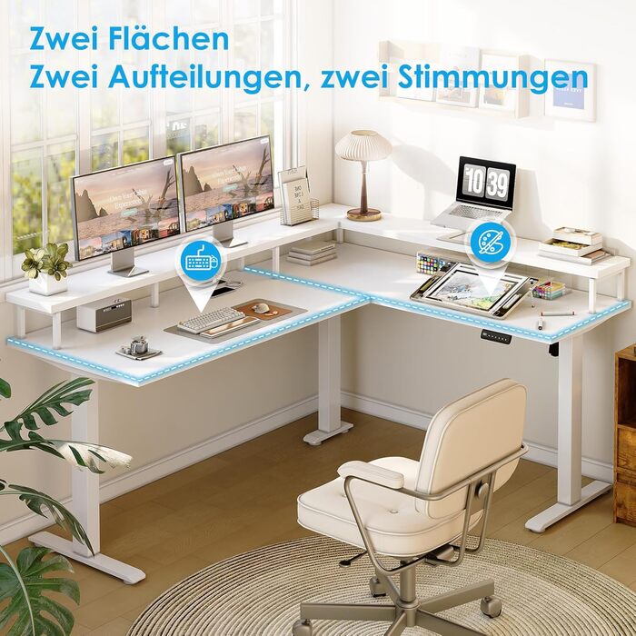 Кутовий письмовий стіл OffiGo, регульована висота, 150x120 см, стіл з регульованою висотою та розеткою, електричний L-подібний стіл з підставкою для монітора, білий 150 x 120 см