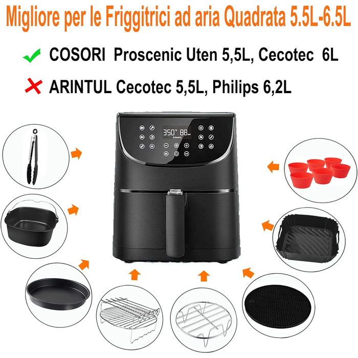 Аксесуари для фритюрниці 22 см Набір із 13 предметів, аксесуари для квадратної фритюрниці з антипригарним покриттям без бісфенолу А з силіконовою формою, сумісні з COSORI Princess Innsky Uten KLAMER Tefal 5.5 л, 5.6 л 6.5 л фритюрниці Фритюрниця