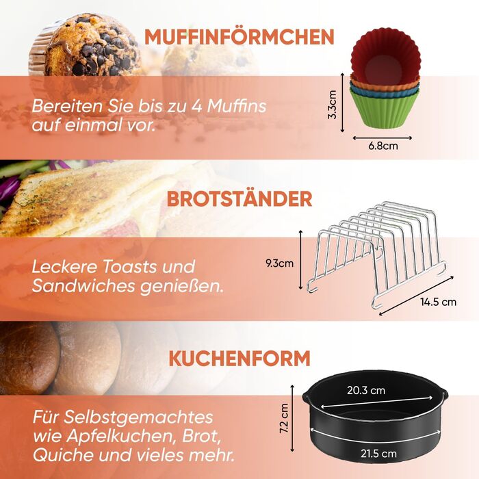 Аксесуари для фритюрниці UNBOX, аксесуари для круглої фритюрниці з 17 предметів для мультипечі XL, COSORI 4.7 л, Philips 6.2 л, Tefal 4.2 л, діаметр 20 см - з силіконовою формою та круглими аксесуарами книги рецептів