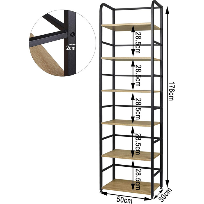 Окремостояча полиця WOLTU, металева полиця, книжкова шафа, полиця для зберігання, полиця для сходів, полиця для ванної кімнати, кухонна полиця, кутова полиця, полиця для сходів, полиця для сходів, висока полиця, 6 полиць, 50x176x30 см, світлий дуб RGB11he