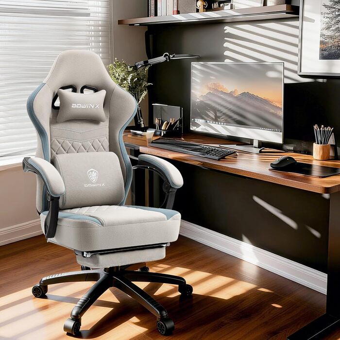 Офісне крісло Dowinx Gaming Chair Fabric з подушкою Pocket Spring, масажне ігрове крісло з підголівником, ергономічне гоночне ігрове крісло з підставкою для ніг (сіре) сірий стандарт