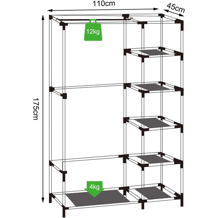 Складана тканинна шафа dibea 175x110x45 см, чорна 175x110x45 см Чорний
