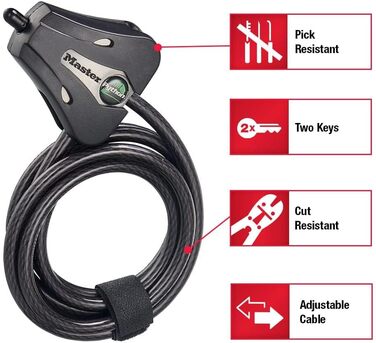 Велосипедний замок Master Lock 8418D Python з ключем, регульований металевий тросовий замок з атмосферостійким вініловим покриттям для спорядження для активного відпочинку, велосипедів, трейлерних камер, довжина 1,8 м, чорно-сріблястий, діаметр 6&39 x 5/1
