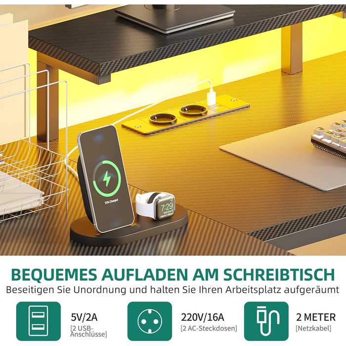 Кутовий письмовий стіл YITAHOME з 4 шухлядами, розеткою, USB та LED-підсвіткою, 158 см, чорний