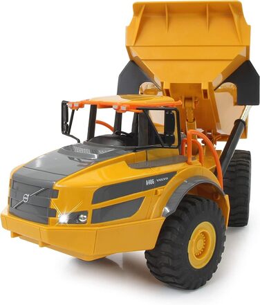 Позашляховий самоскид Volvo A40G 120 2,4GHz - реалістичне рульове управління, підйом/опускання кузова, реалістичний звук двигуна (з можливістю вимкнення), демонстраційний режим, повний привід, автоматичний режим очікування, жовтий, 405056