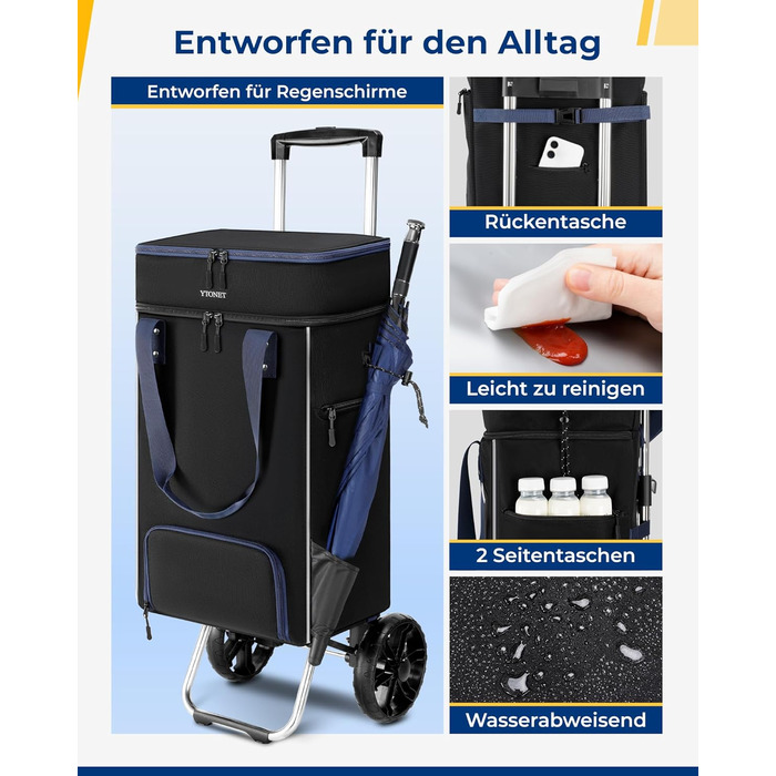 Складний візок для покупок Ytonet з термосумкою, великий водонепроникний візок на міцній основі (55 літрів / 68 кг), 3-в-1 візок-трансформер, сумка-візок та ручна сумка з великими колесами, чорний