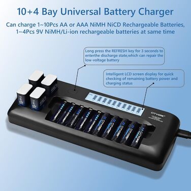 Зарядний пристрій CITYORK з 104 слотами та РК-дисплеєм для акумуляторних батарей 1,2 В AA/AAA Ni-MH та акумуляторних батарей 9 В Ni-MH/Li-ion з вбудованим захистом IC