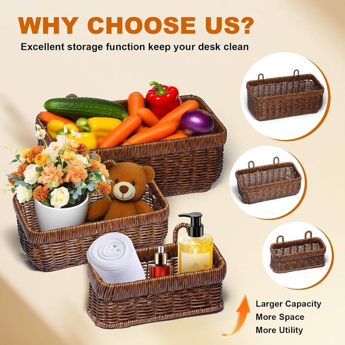 Підвісні кошики для кухні, настінні кошики для зберігання, декоративні кошики для квітів у ретро-стилі, кошики для фруктів, організація зберігання овочів, контейнери для зберігання без кришок (коричневі - великі) коричневі 2 шт. (великі), 2