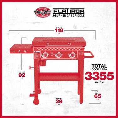 Газовий гриль-планча Char-Griller Flat Iron на 3 пальники, складаний гриль із керамічною сталевою поверхнею, вітрозахистом, 3355 см, чорний