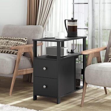 Журнальний столик WOLTU з розеткою, тумбочка з функцією заряджання, вузький диван-столик, з 2 шухлядами, 2 полицями, 1 відділенням, для вітальні/спальні, 60x60x30 см, чорний, BTS28sz