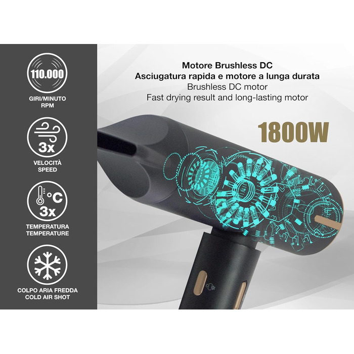 Безщітковий фен BEPER P301ASC010, 1800 Вт, 3 швидкості, 3 температурні режими, LED-індикатор температури, функція самоочищення сітки, чорний, з аксесуарами