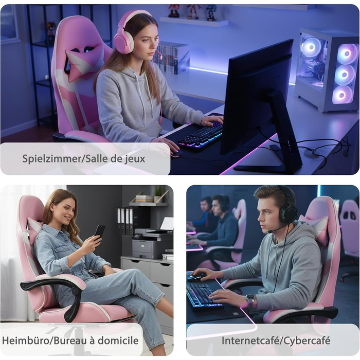 Шкіряне ігрове крісло, поворотне на 360 та ергономічне, з підголівником, поперековою опорою та підставкою для ніг, рожево-біле