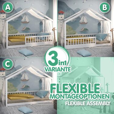 Дитяче ліжко CADANI Malte 90x200 см Ліжко-будиночок зі знімними захисними поручнями, вантажопідйомність до 200 кг, висувна рейкова основа, підлогове ліжко Монтессорі з масиву сосни, біле 90x200 см