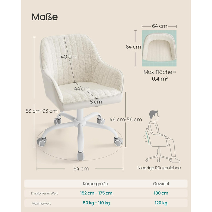 Офісний стілець SONGMICS, обертовий, шерпа та штучна шкіра, пінопластова оббивка, регульована висота, для домашнього офісу, бару, капучино бежевий-хмарно білий OBG012W01 Капучино бежевий хмарно білий шерпа тканина ПУ