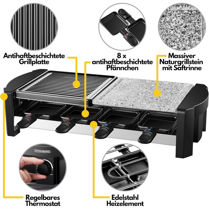 Раклет гриль 8 чол. Прилад для раклету Раклет гриль Вечірка Гриль Електричний гриль Настільний гриль Твердий натуральний камінь І пластина для гриля з покриттям 1300 Вт Нагрівальний елемент з нержавіючої сталі