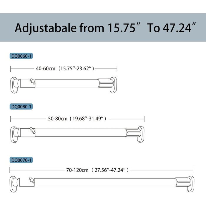 Штанга для одягу Hershii для шафи, натяжна штанга для віконної/душової шторки, свердління не потрібне, телескопічна штанга з нержавіючої сталі, висувна штанга для гардеробу, діаметр трубки 25,4/22,2 мм, 40-60 см, колір слонової кістки, сірий 40-60 см