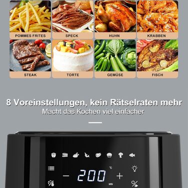 Аерофритюрниця Wellent 4.3 л з оглядовим вікном, фритюрниця для фритюрниці з сенсорним екраном, 8 функцій приготування, можна мити в посудомийній машині, енергозбереження, без олії та приготування з низьким вмістом жиру 4.3 л