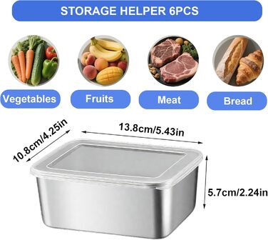 Контейнерів для зберігання продуктів з кришками, харчова сталь, багаторазові та штабельовані, контейнери для нарізок для холодильника, кухонні контейнери для сиру, фруктів, салатів, 6