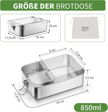 Ланчбокс Homikit з роздільниками, нержавіюча сталь, 850 мл. Бенто-бокс з сумкою для дітей та дорослих, контейнер для обіду з виймаються перегородками та герметичною кришкою з силіконовим ущільнювачем.