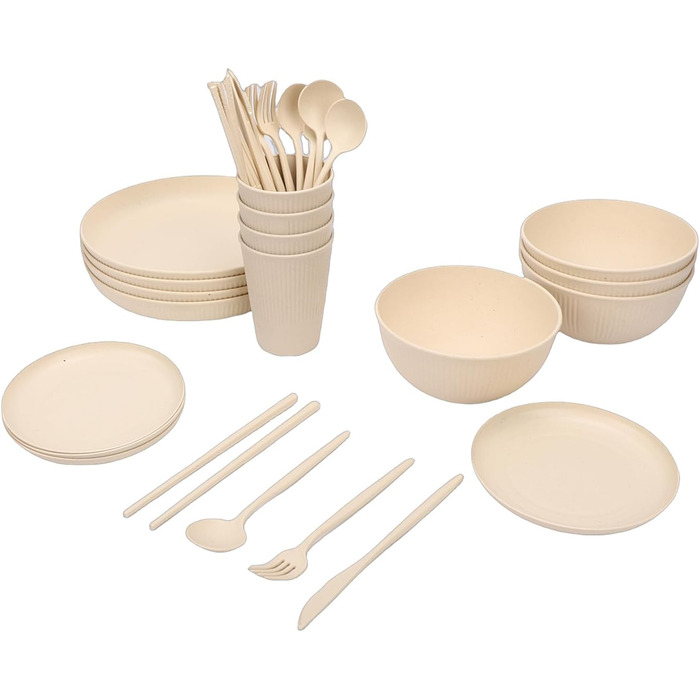 Набір посуду на 4 особи, небємий тарілки, миски та чашки. Зручна коробка для зберігання, можна мити в посудомийній машині та використовувати в мікрохвильовій печі. Ідеально підходить для дому, кемпінгу, пікніків.