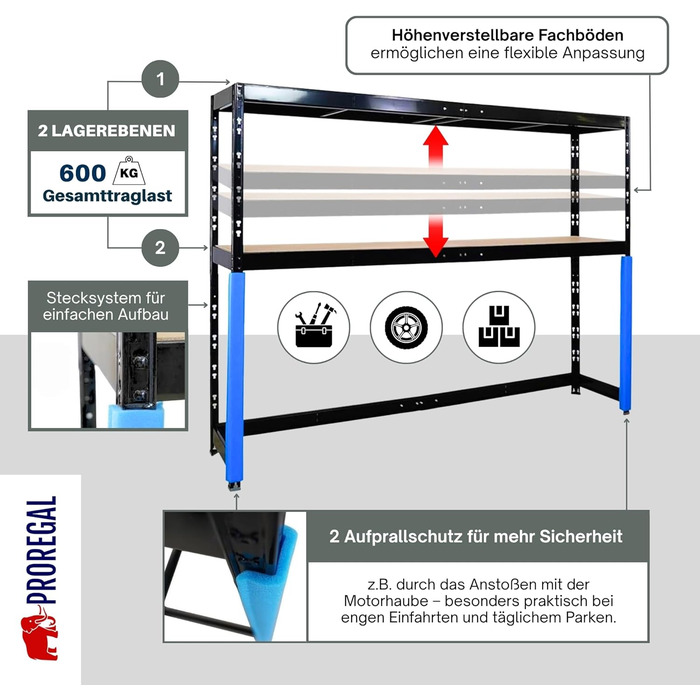 Стелаж для гаража PROREGAL Hercules, компактний, доступний для навантажувача, розміри (ВxШxГ) 180x240x50 см, 2 рівні зберігання, вантажопідйомність полиці 300 кг, чорний, надміцний стелаж, стійка для зберігання