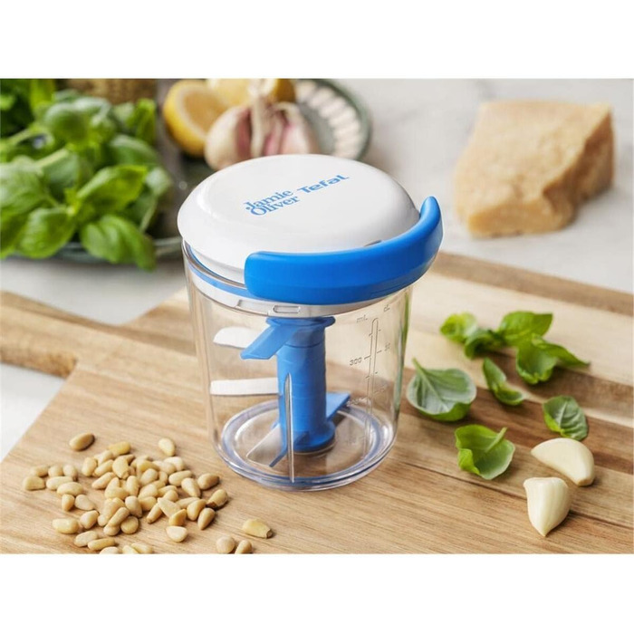 Тефаль Джеймі Олівер K1644344 Чоп і шейкер без світла Ємність 450 мл Мультишредер Універсальний подрібнювач для овочів, фруктів, цибулі, горіхів, часнику білий/синій білий/синій сингл