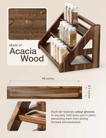 Стійка для спецій Tinamo з акації, 3-рівнева підставка для спецій для стільниці або шафи, кухонний органайзер для спецій та полиця для органайзера для спецій (горіх)