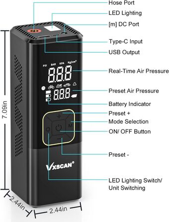 Електричний повітряний насос VXSCAN для шин, портативний цифровий автомобільний насос для шин, акумуляторний повітряний насос для швидкого накачування 15000 мАг для автомобільних шин, велосипедних шин і надувних виробів