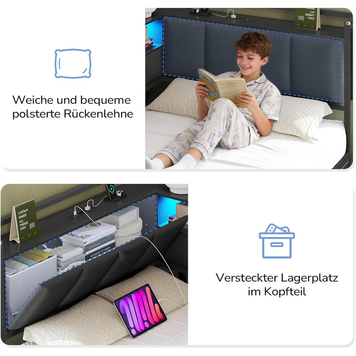 Диван-ліжко зі світлодіодним освітленням та зарядною станцією (2 розетки змінного струму 2 USB-порти), дитяче ліжко 90x200 см з 6 шухлядами, кушетка 90x200 см, м&39яка спинка з прихованим місцем для зберігання речей