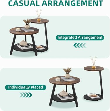 Комплект із 2 круглих журнальних столиків, столи для вітальні з місцем для зберігання, штабелювані приставні столики з дерев&39яною стільницею та металевим каркасом, С-подібні приставні столики, журнальні столики для вітальні, рустикальний коричневий