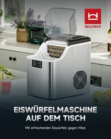 Машина для виробництва кубиків льоду Wilprep маленька з самоочисним льодогенератором 22 кг/24 години машина для морозива з РК-екраном Льодогенератор з нержавіючої сталі для офісу, ресторану, бару, кафе (щоденна продуктивність 22 кг)
