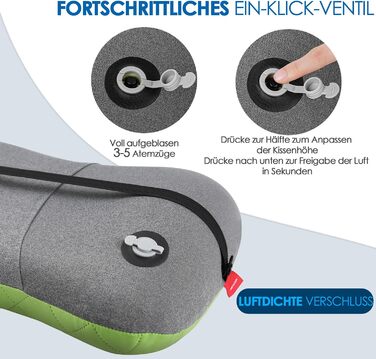 Надувна подушка для кемпінгу/подорожей HIKENTURE зі знімною наволочкою, ергономічна подушка для голови, зручна подушка для шиї для подорожей/використання на свіжому повітрі, надувна подушка для шиї для подорожей (зелена).