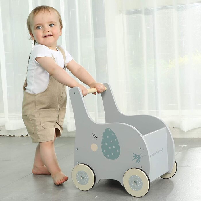 Дитячі ходунки Labebe Baby Walker Wood, ходунки для немовлят Baby Grey Elephant з місцем для зберігання на 1-3 роки, вільні від прогулянок/ходунки/іграшки для малюків/іграшки/коляска/розваги для дітей/ходунки