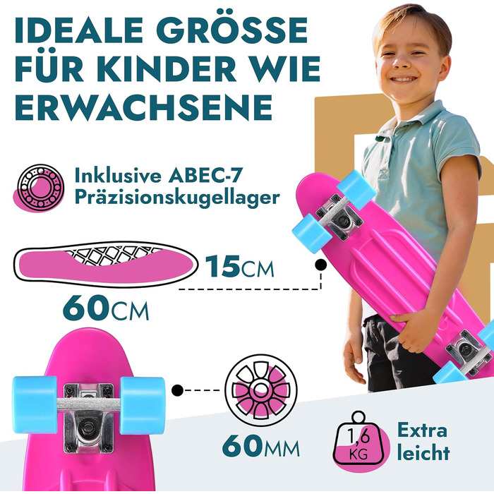 Скейтборд BIKESTAR Vintage Retro Cruiser 60 мм - круїзерний скейтборд для дітей та дорослих, початківці від 6-8 років, ретро дизайн Berry & Blue