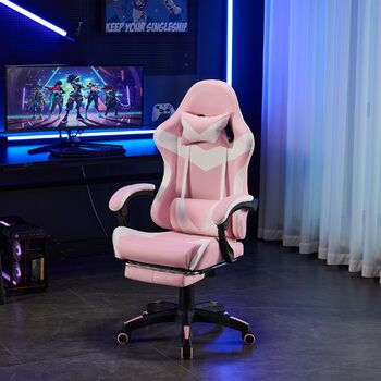 Шкіряне ігрове крісло, поворотне на 360 та ергономічне, з підголівником, поперековою опорою та підставкою для ніг, рожево-біле