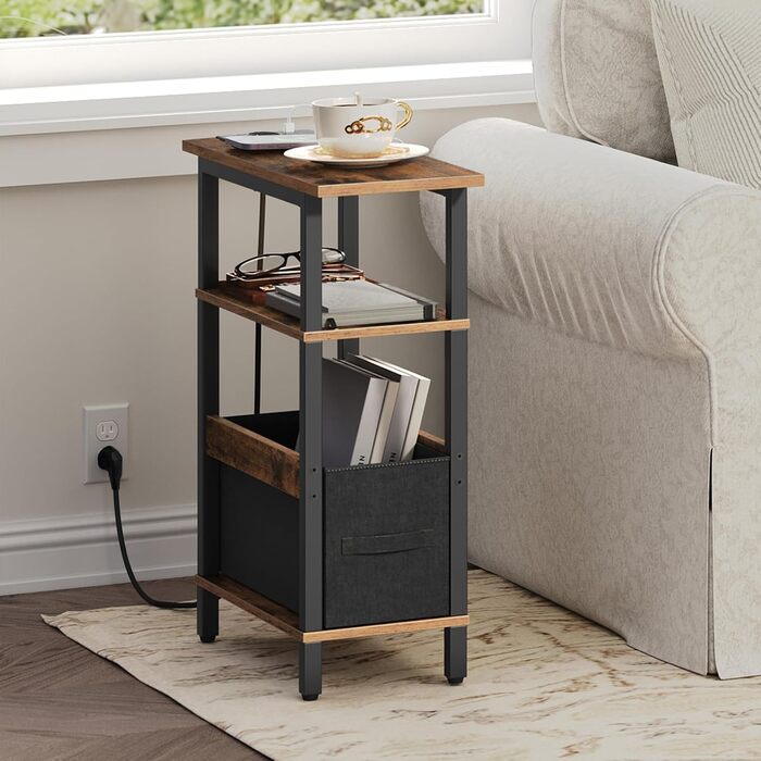 Журнальний столик із зарядною станцією, тумбочка біля ліжка зі знімною шухлядою, невеликий журнальний столик для обмеженого простору, спальня, вітальня, офіс, рустикальний коричневий та чорний AETHR125UE01