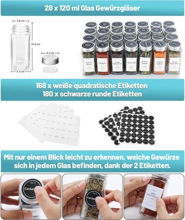 Органайзер для спецій з 28 баночками для спецій, 348 етикеток для спецій, 4-рівнева прозора акрилова вставка для шухляд для спецій для кухні, шафи, стільниці, набір з 28 предметів, прозорий