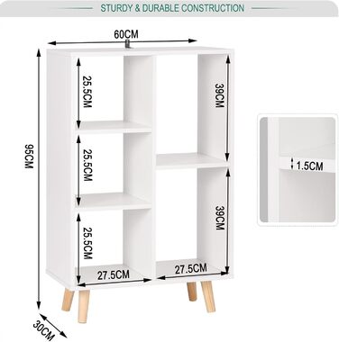 Книжкова полиця WOLTU, кімнатна перегородка, окремостояча полиця білого кольору, полиця для зберігання речей для вітальні, спальні, офісу, виготовлена з інженерної деревини, з ніжками з масиву дерева, 60x95x30 см, SK011ws